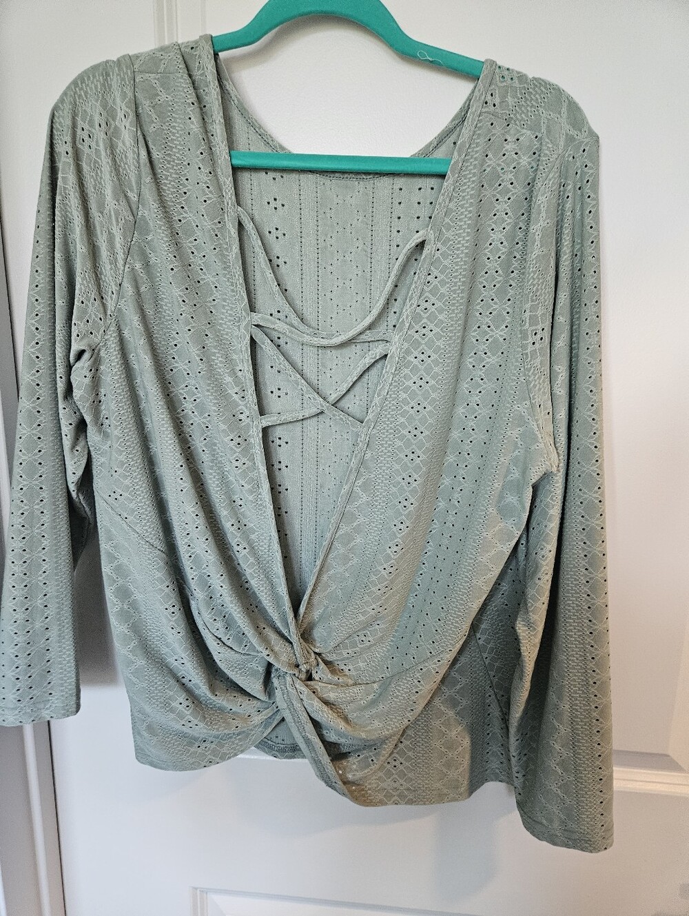 Women's Sage Green Lace Knit Twist Front Top
